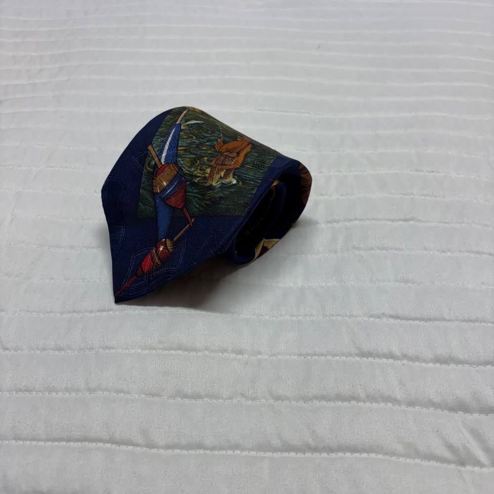 Polo Ralph Lauren Mens Silk Tie Navy Blue Fly Fishing Lure Bobber Hand Made USA